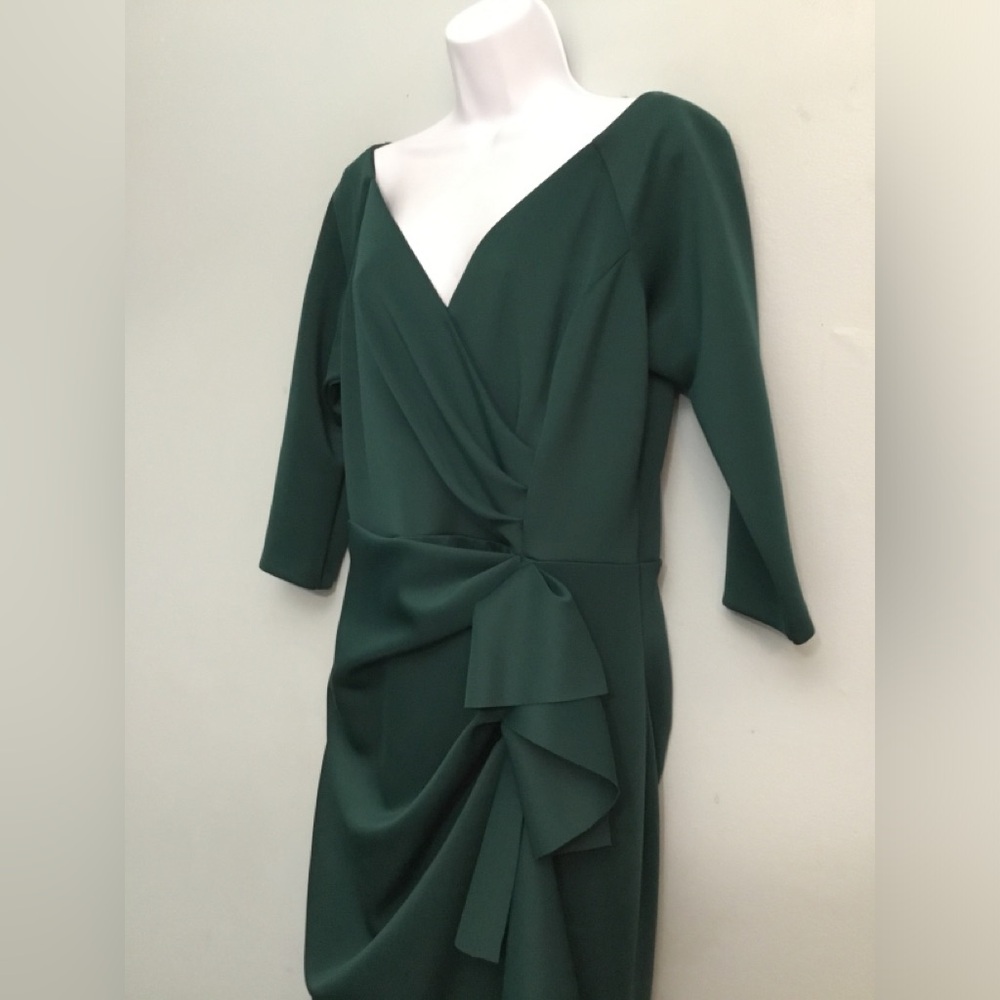 Elegant Forest Green V-Neck Draped Women's Dress - Picture 1 of 15